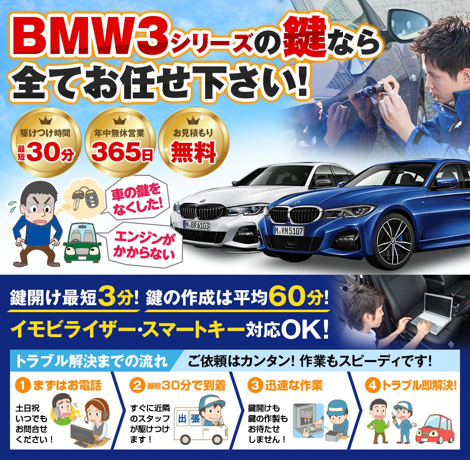 紛失した車の鍵イモビライザースマートキーすぐ作成！BMW3シリーズの鍵紛失(スマートキー・イモビライザー対応)