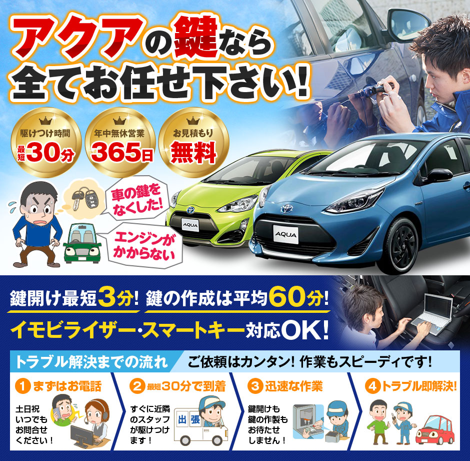 紛失した車の鍵イモビライザースマートキーすぐ作成！アクアの鍵紛失(スマートキー・イモビライザー対応)