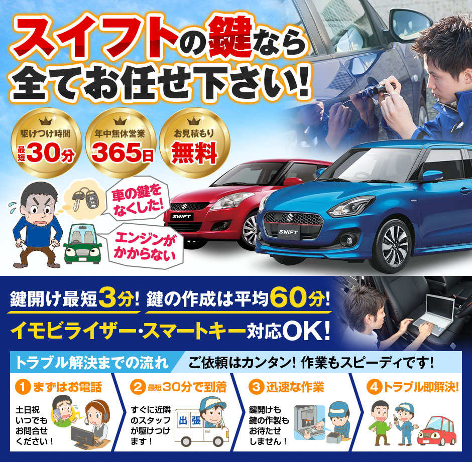 紛失した車の鍵イモビライザースマートキーすぐ作成！スイフトの鍵紛失(スマートキー・イモビライザー対応)