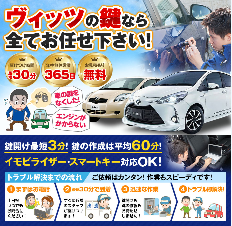 紛失した車の鍵イモビライザースマートキーすぐ作成！ヴィッツの鍵紛失(スマートキー・イモビライザー対応)