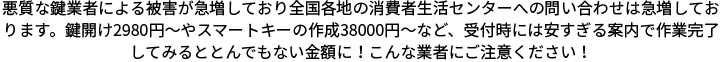 悪質な鍵業者による被害が急増しており全国各地の消費者生活センターへの問い合わせは急増しております。鍵開け2980円〜やスマートキーの作成38000円〜など、受付時には安すぎる案内で作業完了してみるととんでもない金額に！こんな業者にご注意ください！