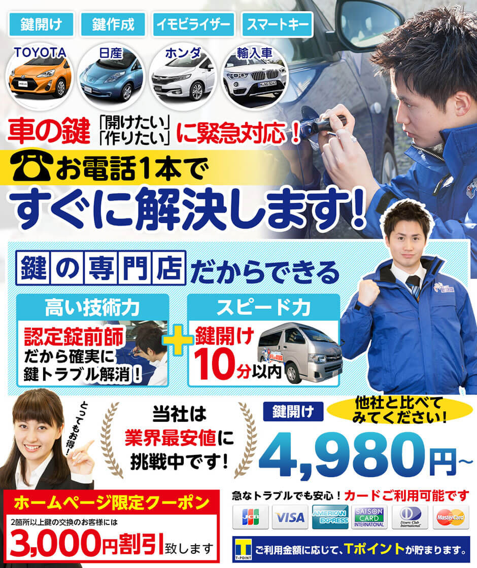 車の鍵開け 閉じ込め Web割1000円 鍵開け10分 鍵屋の緊急隊