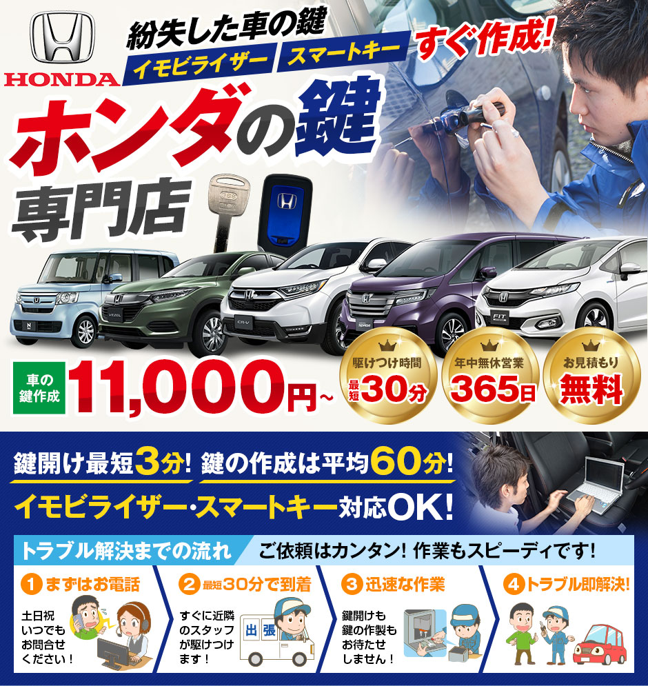 紛失した車の鍵イモビライザースマートキーすぐ作成！ホンダ(HONDA)車の鍵紛失(スマートキー対応)