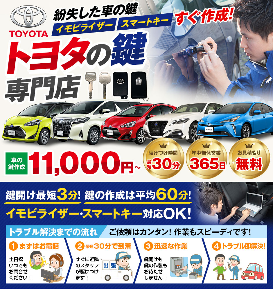 紛失した車の鍵イモビライザースマートキーすぐ作成！トヨタ(TOYOTA)の鍵紛失(スマートキー対応)