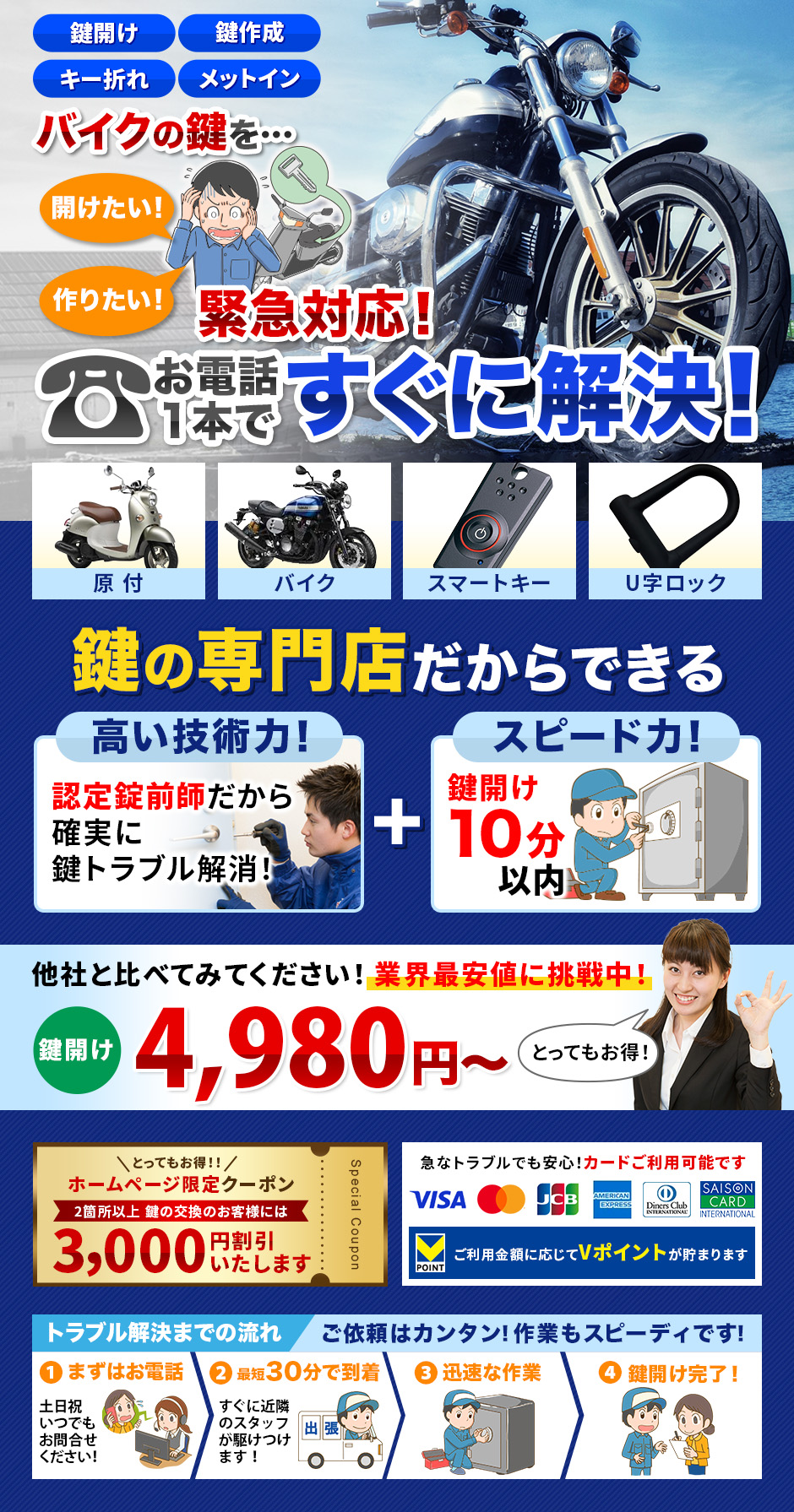 バイクの鍵を開けたい、作りたい緊急対応。お電話一本ですぐに解決！