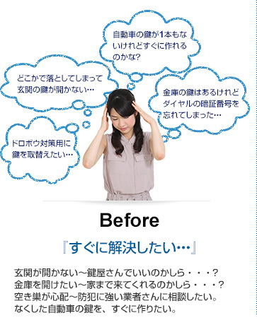 Before「すぐに解決したい・・・」玄関が開かない〜鍵屋さんでいいのかしら・・・？金庫を開けたい〜家まで来てくれるのかしら・・・？空き巣が心配～防犯に強い業者さんに相談したい。なくした自動車の鍵を、すぐに作りたい。