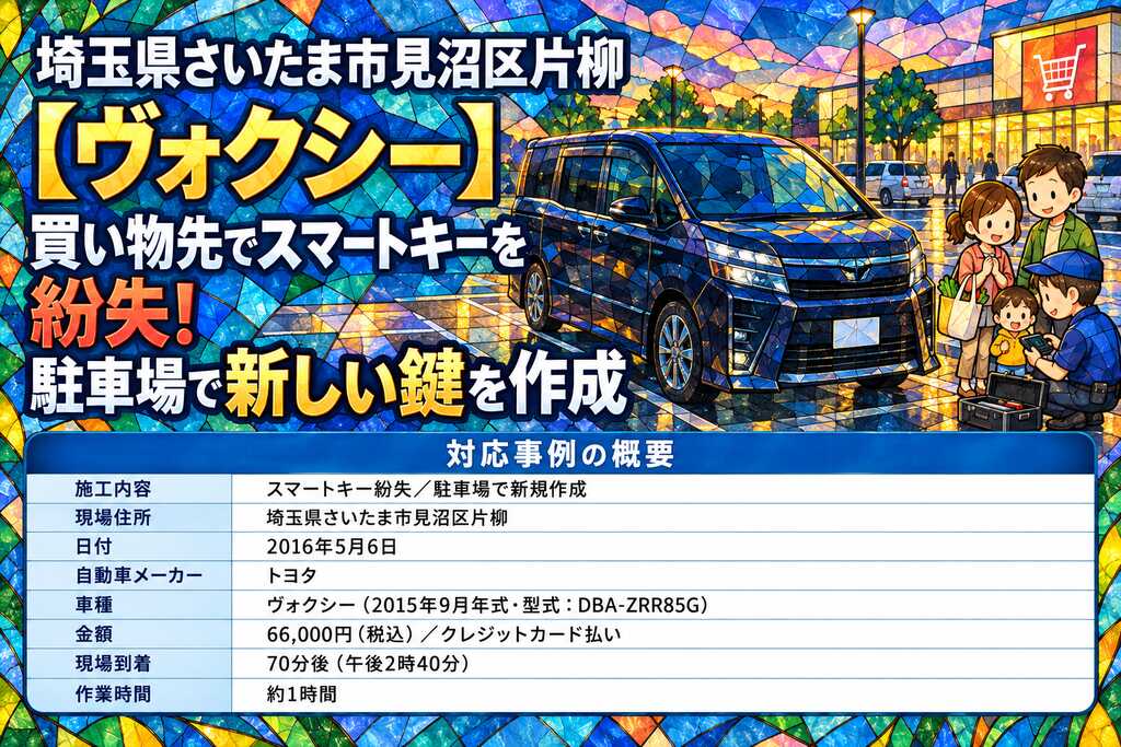 【埼玉県さいたま市見沼区片柳】ヴォクシー（DBA-ZRR85G）買い物先でスマートキーを紛失！駐車場で新しい鍵を作成