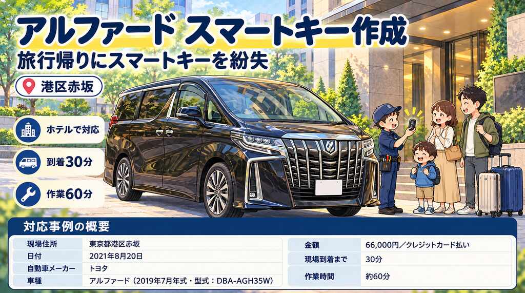【東京都港区赤坂】旅行帰りにアルファードのスマートキーを紛失！スペアキーがなくてもホテルで新しい鍵を作成の画像イメージ