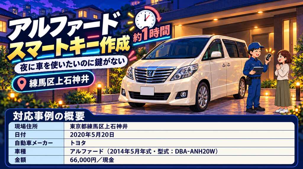 【東京都練馬区上石神井】アルファード（DBA-ANH20W）夜に車を使いたいのに鍵がない！ご自宅で約1時間で新しい鍵を作成の画像イメージ