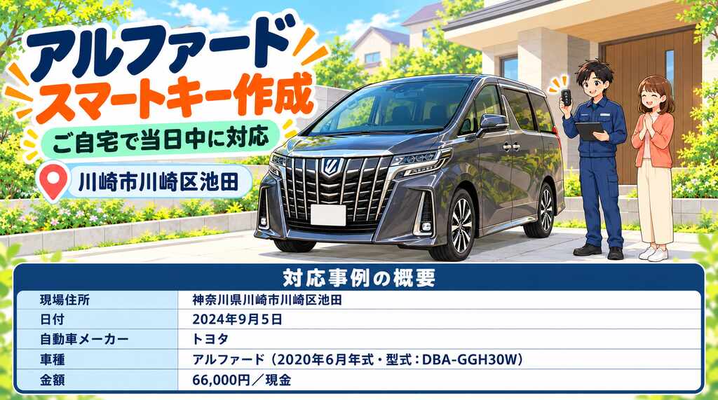【神奈川県川崎市川崎区池田】アルファード（DBA-GGH30W）車の鍵をなくしてお困りのお客様へ！ご自宅で当日中にスマートキーを作成の画像イメージ