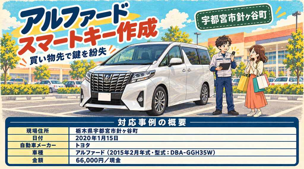 【栃木県宇都宮市針ヶ谷町】アルファード（DBA-GGH35W）買い物先で鍵を紛失！約50分で新しいスマートキーを作成