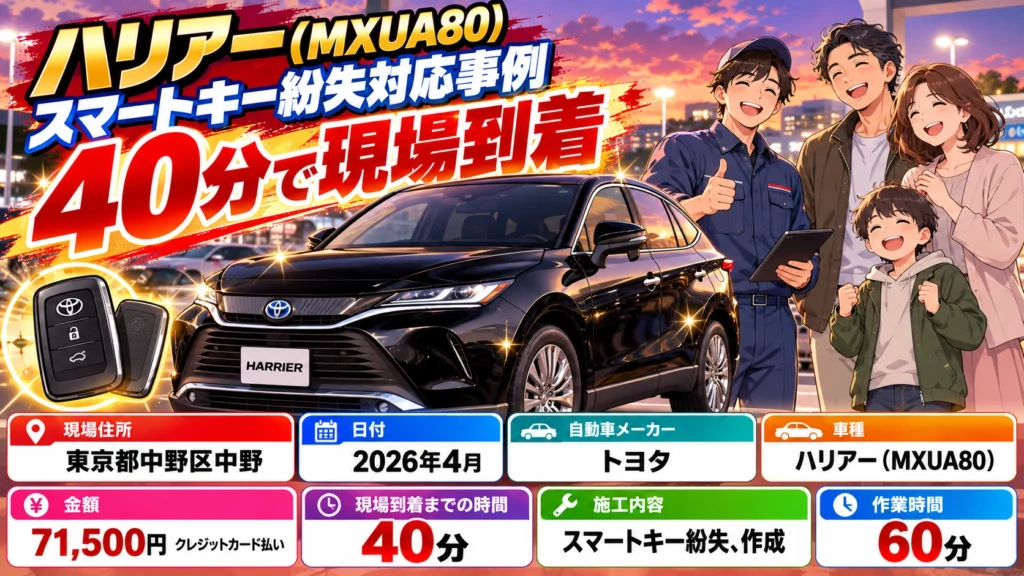 【東京都中野区中野】ハリアー（ MXUA80）の鍵を紛失！急いで駆けつけ現地で新しい鍵を作成  の画像イメージ