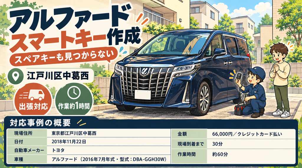 【東京都江戸川区中葛西】アルファード（DBA-GGH30W）スペアキーも見つからない！出張対応で新しい鍵を約1時間で作成の画像イメージ