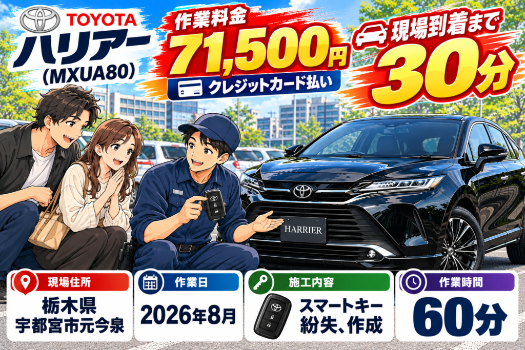 【栃木県宇都宮市元今泉】ハリアー （MXUA80）の鍵を紛失！急いで駆けつけ現地で新しい鍵を作成  の画像イメージ