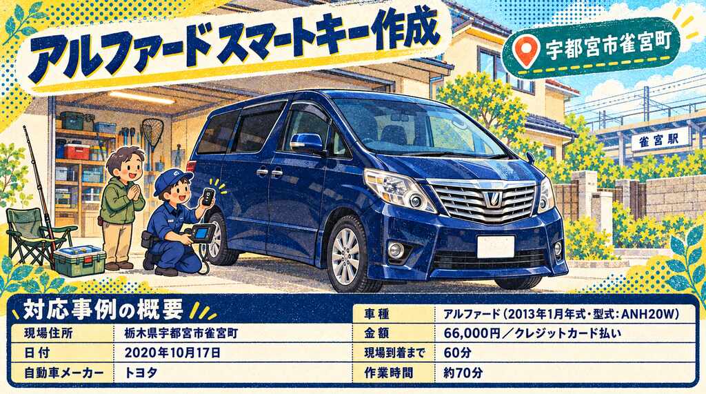 【栃木県宇都宮市雀宮町】アルファード（ANH20W）釣りに出かける前に鍵が見つからない！出張対応で新しいスマートキーを作成