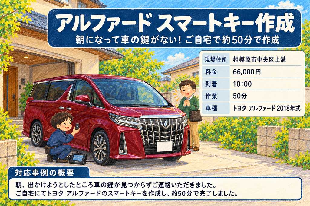 【神奈川県相模原市中央区上溝】アルファード（DBA-AGH35W）朝になって車の鍵がない！ご自宅で約50分でスマートキーを作成