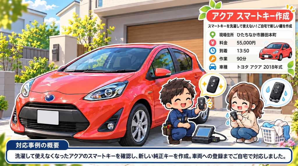 【茨城県ひたちなか市勝田本町 】アクア（DAA-NHP10）スマートキーを洗濯して使えない！ご自宅で新しい鍵を作成の画像イメージ