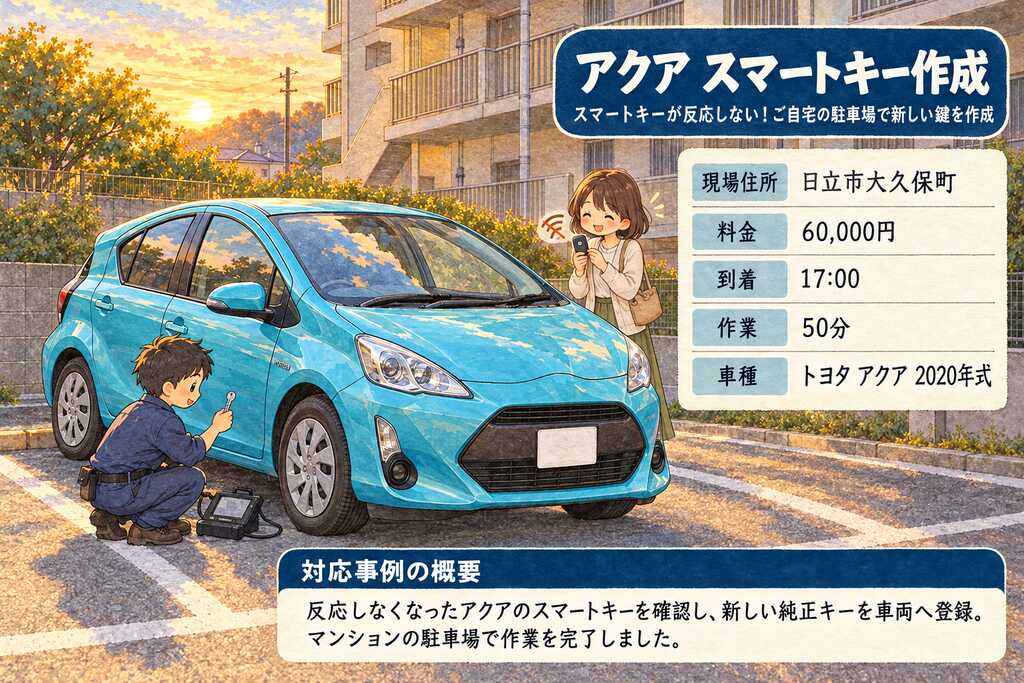 【茨城県日立市大久保町 】アクアスマートキーが反応しない！ご自宅の駐車場で新しい鍵を作成の画像イメージ