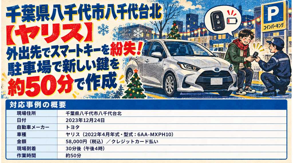 【千葉県八千代市八千代台北】ヤリス（6AA-MXPH10）外出先でスマートキーを紛失！駐車場で新しい鍵を約50分で作成の画像イメージ