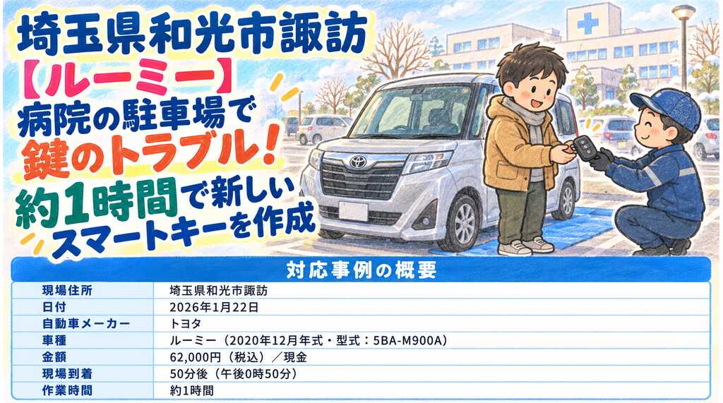 【埼玉県和光市諏訪】ルーミー（5BA-M900A）病院の駐車場で鍵のトラブル！約1時間で新しいスマートキーを作成の画像イメージ