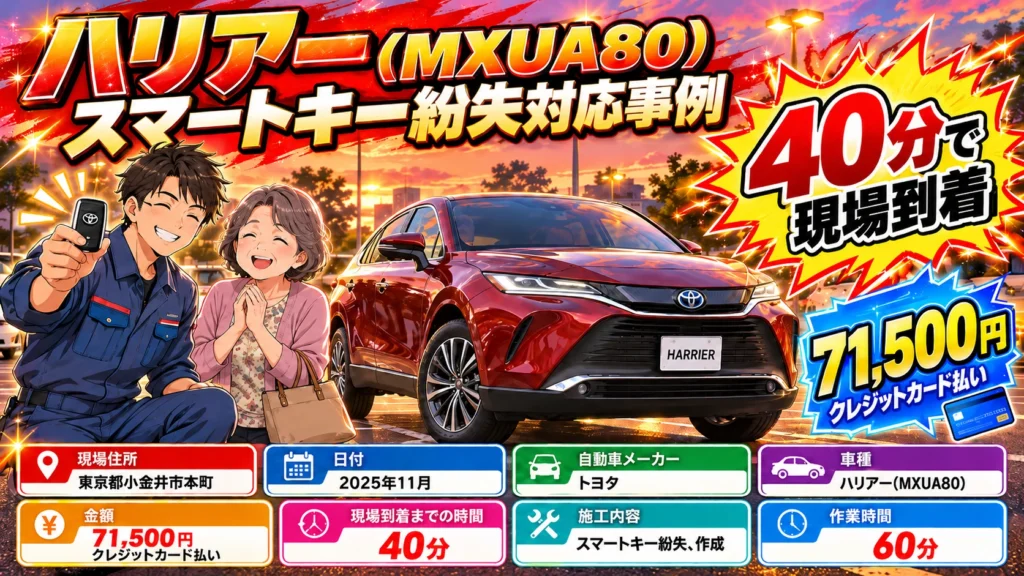 【東京都小金井市本町】ハリアー（MXUA80）のスマートキーを全部紛失！現地で新規登録してエンジン始動の画像イメージ
