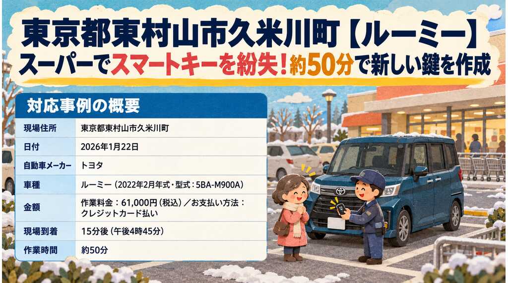 【東京都東村山市久米川町】ルーミー（5BA-M900A）スーパーでスマートキーを紛失！約50分で新しい鍵を作成