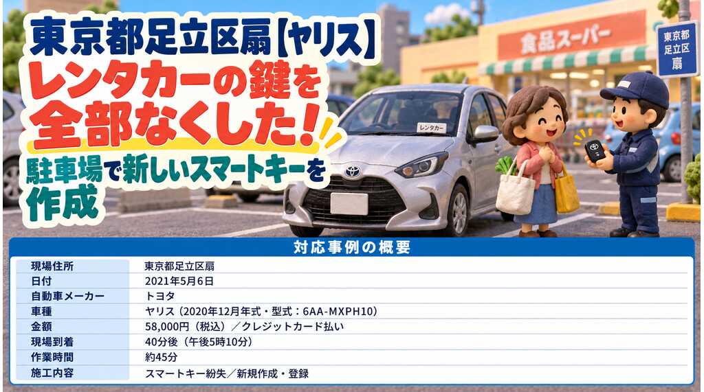 【東京都足立区扇】ヤリス（6AA-MXPH10）レンタカーの鍵を全部なくした！駐車場で新しいスマートキーを作成の画像イメージ