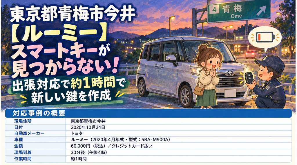 【東京都青梅市今井】ルーミー（5BA-M900A）スマートキーが見つからない！出張対応で約1時間で新しい鍵を作成の画像イメージ