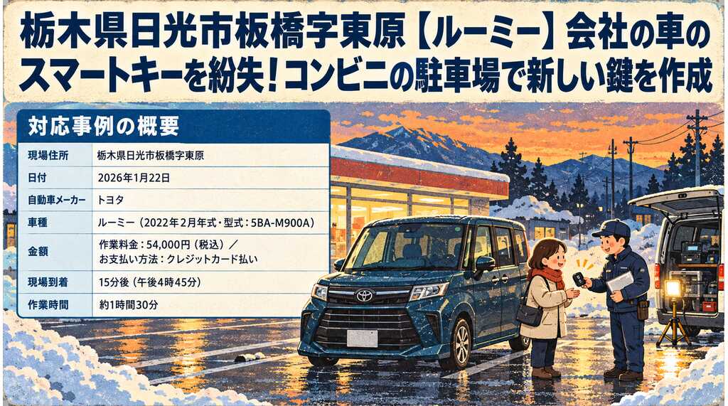 【栃木県日光市板橋】ルーミー（5BA-M900A）会社の車のスマートキーを紛失！コンビニの駐車場で新しい鍵を作成