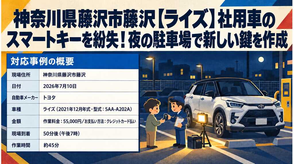【神奈川県藤沢市藤沢】ライズ（5AA-A202A）社用車のスマートキーを紛失！夜の駐車場で新しい鍵を作成の画像イメージ