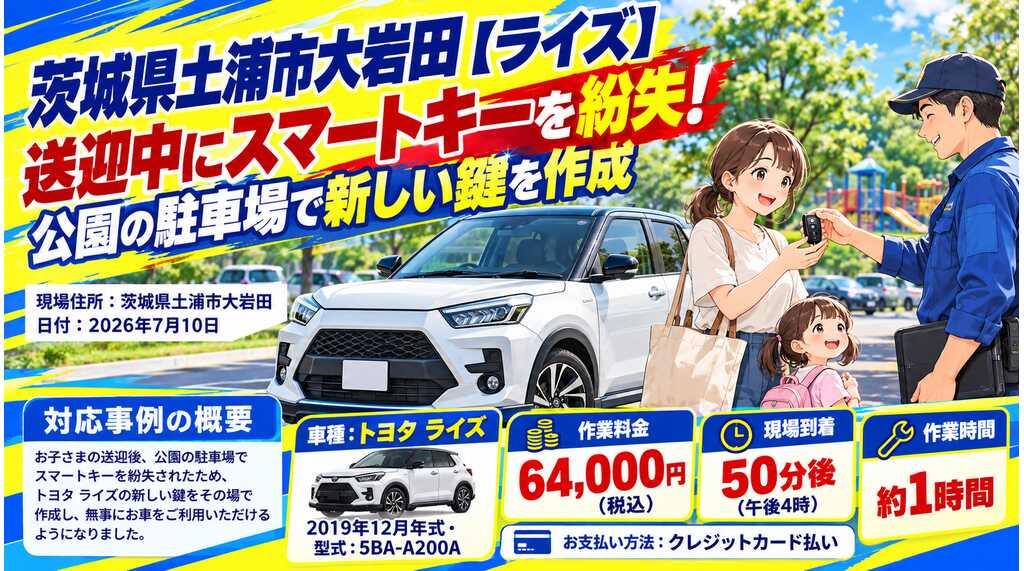 【茨城県土浦市大岩田】ライズ（5BA-A200A）送迎中にスマートキーを紛失！公園の駐車場で新しい鍵を作成