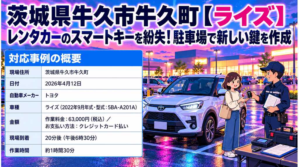 【茨城県牛久市牛久町】ライズ（5BA-A201A）レンタカーのスマートキーを紛失！駐車場で新しい鍵を作成