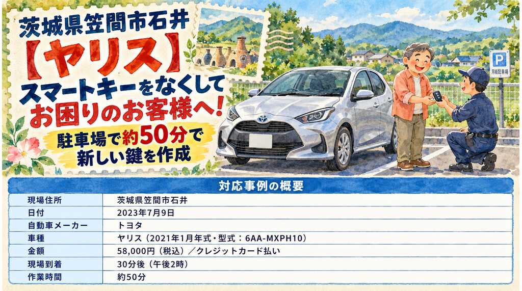 【茨城県笠間市石井】ヤリス（6AA-MXPH10）スマートキーをなくしてお困りのお客様へ！駐車場で約50分で新しい鍵を作成の画像イメージ
