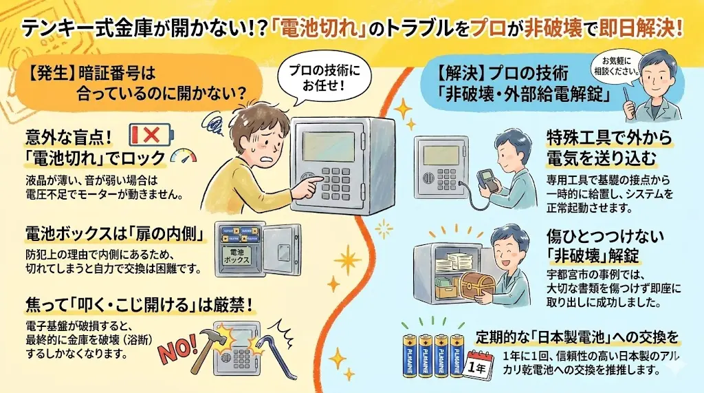 【栃木県宇都宮市北一ノ沢】金庫のプッシュ式テンキー錠が開きません