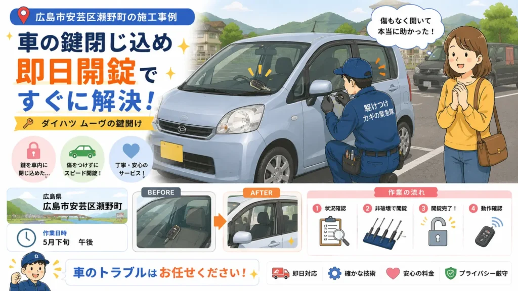 【広島県広島市安芸区瀬野町】車の鍵を開けたい（インロック鍵開け）の画像イメージ