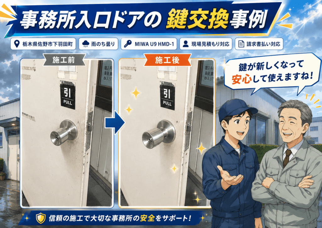 【栃木県佐野市下羽田町】事務所入り口の鍵交換・取替えの画像イメージ
