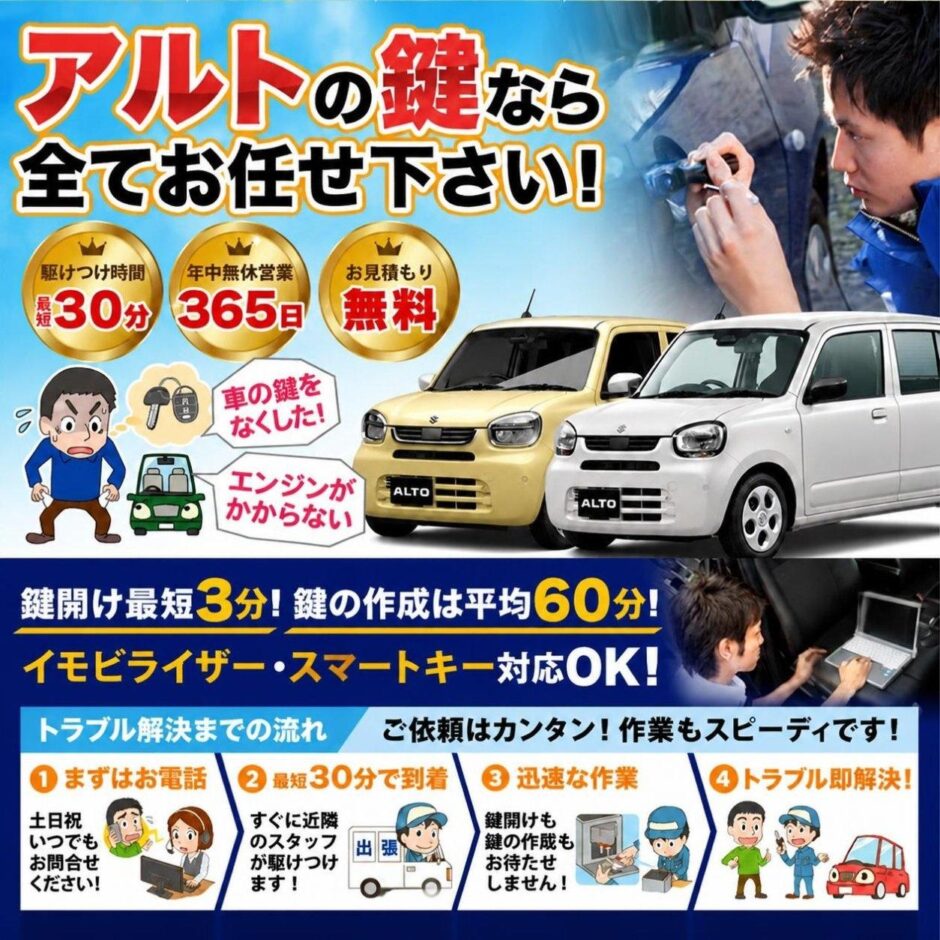 紛失した車の鍵イモビライザースマートキーすぐ作成！アルトの鍵紛失(スマートキ ー・イモビライザー対応)