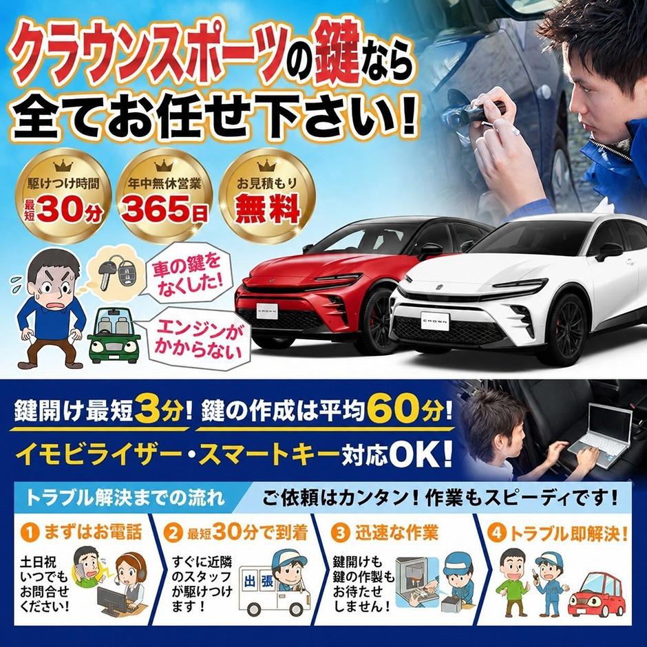 紛失した車の鍵イモビライザースマートキーすぐ作成！クラウンスポーツの鍵紛失(スマートキ ー・イモビライザー対応)
