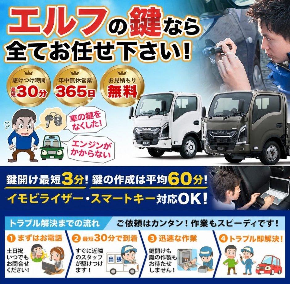 紛失した車の鍵イモビライザースマートキーすぐ作成！エルフの鍵紛失(スマートキー・イモビライザー対応)