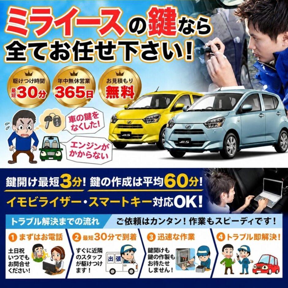 紛失した車の鍵イモビライザースマートキーすぐ作成！ミライースの鍵紛失(スマートキー・イモビライザー対応)