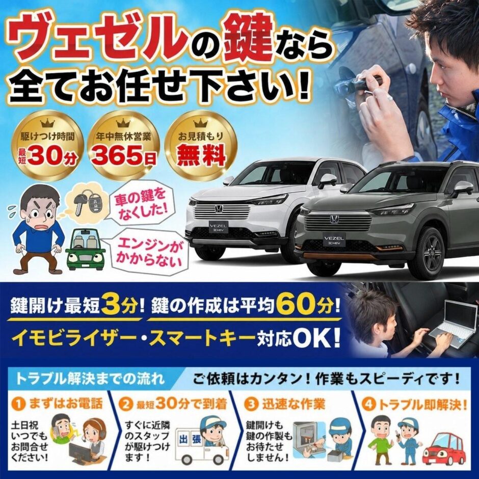 紛失した車の鍵イモビライザースマートキーすぐ作成！ヴェゼルの鍵紛失(スマートキー・イモビライザー対応)
