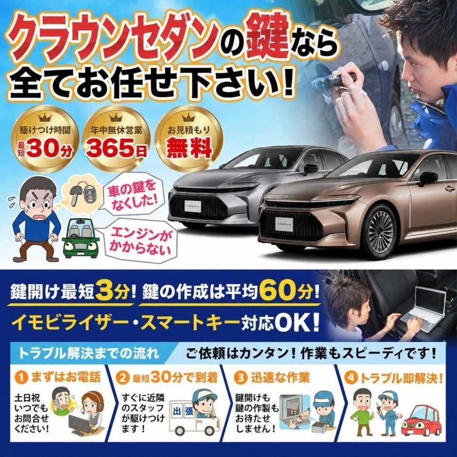 紛失した車の鍵イモビライザースマートキーすぐ作成！クラウンセダンの鍵紛失(スマートキー・イモビライザー対応)