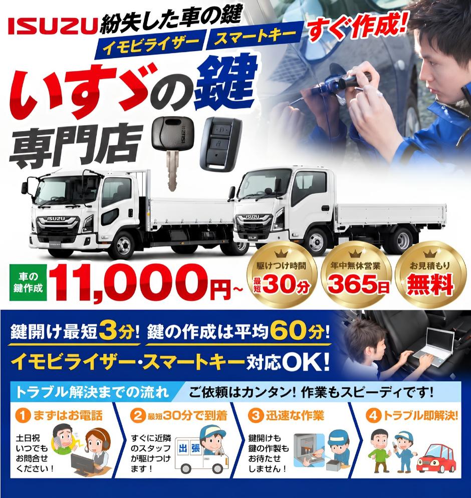 紛失した車の鍵イモビライザースマートキーすぐ作成！いすゞ（ISUZU）の鍵紛失（スマートキー対応）