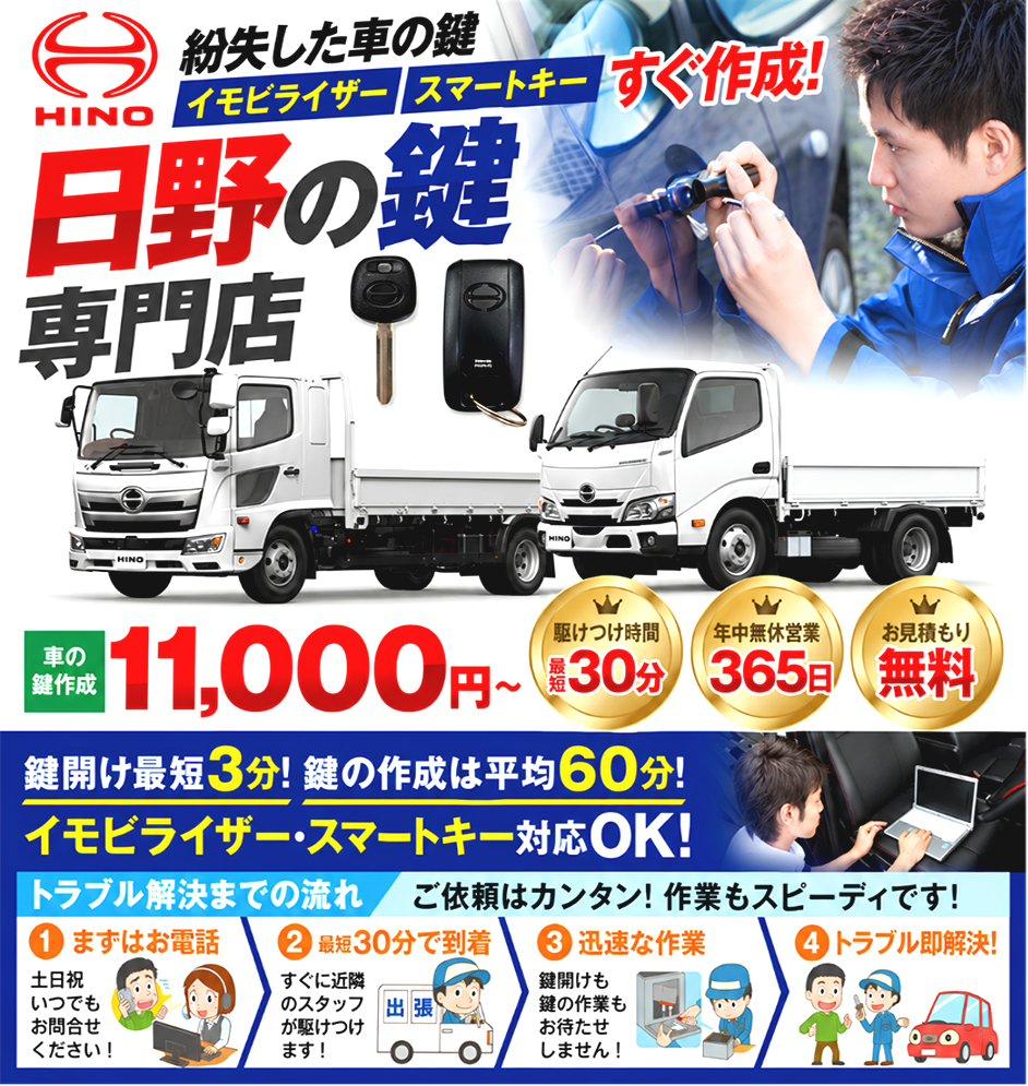 紛失した車の鍵イモビライザースマートキーすぐ作成！日野（HINO）の鍵紛失（スマートキー対応）